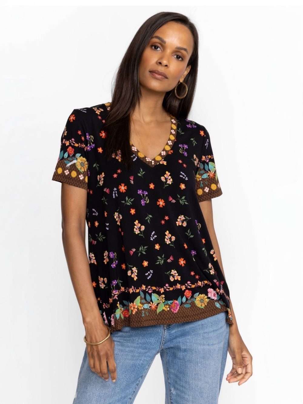 Johnny Was Nani Favorite V-Neck Swing Tee Black Floral NWOT Sz S